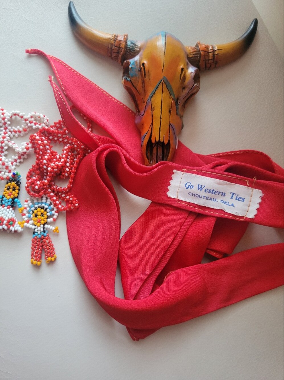 Vintage Go Western Ties Red Skinny Scarf Bolo Neckerchief Chouteau, OK Unisex - Picture 3 of 11